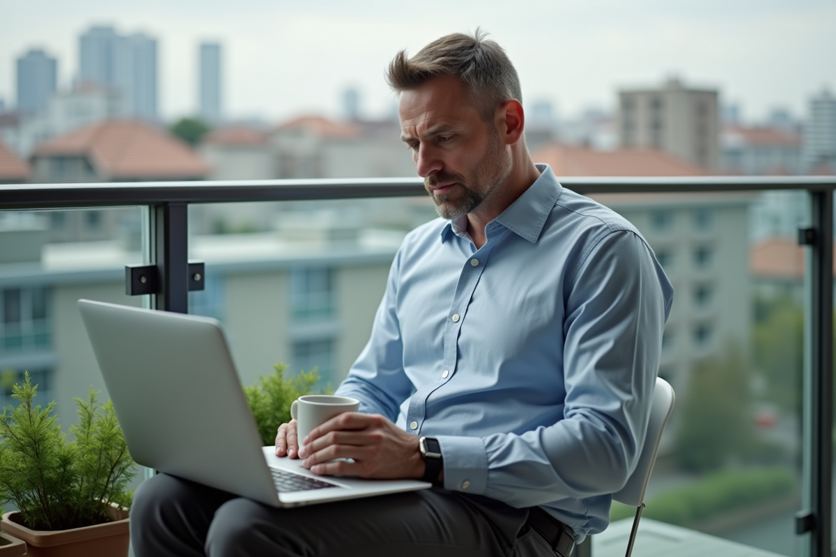 Homme travaillant sur son balcon avec vue urbaine