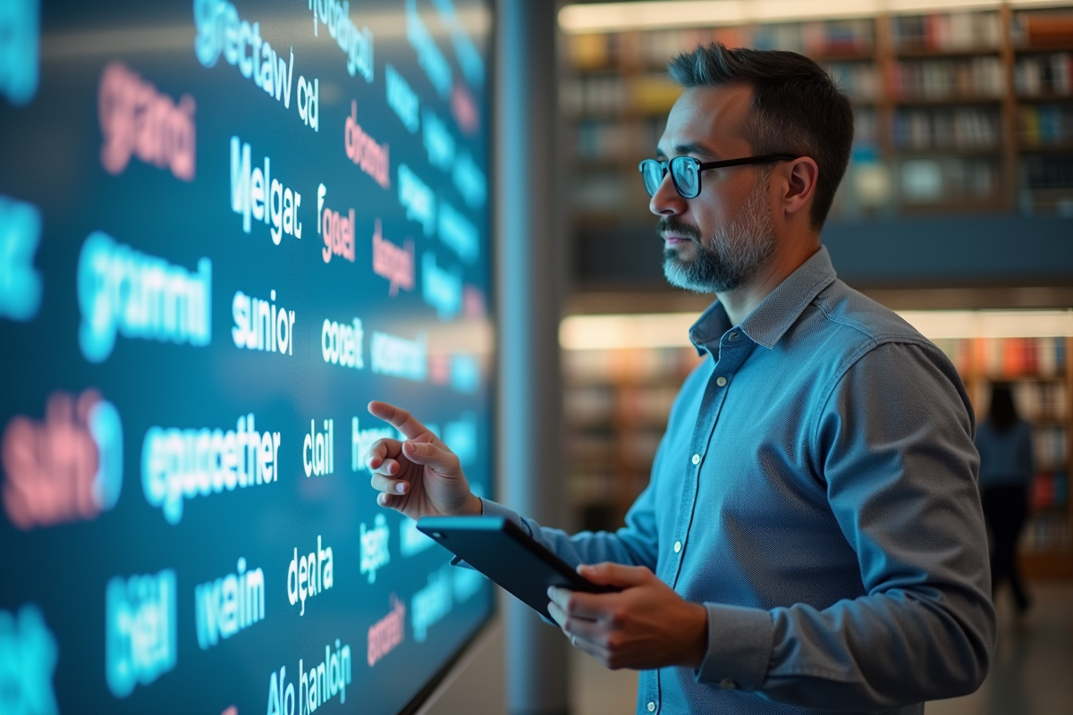 Homme avec tablette et écran de traduction dans une bibliothèque