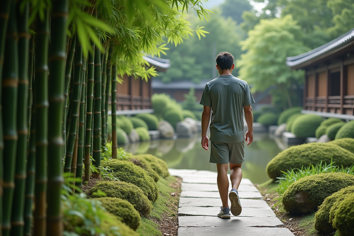 Homme japonais pratiquant la marche consciente dans un jardin zen