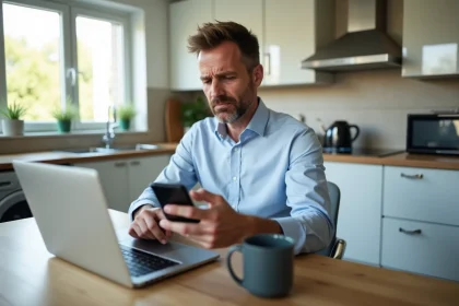 Homme d'&acirc;ge moyen avec smartphone dans une cuisine moderne