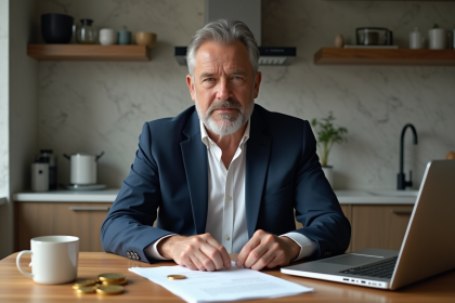 Homme d'&acirc;ge moyen en costume organisant documents et pi&egrave;ces d'or