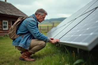 Homme en denim examine des panneaux solaires dans un cadre rural