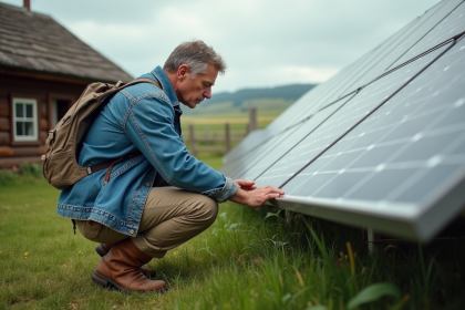 Homme en denim examine des panneaux solaires dans un cadre rural