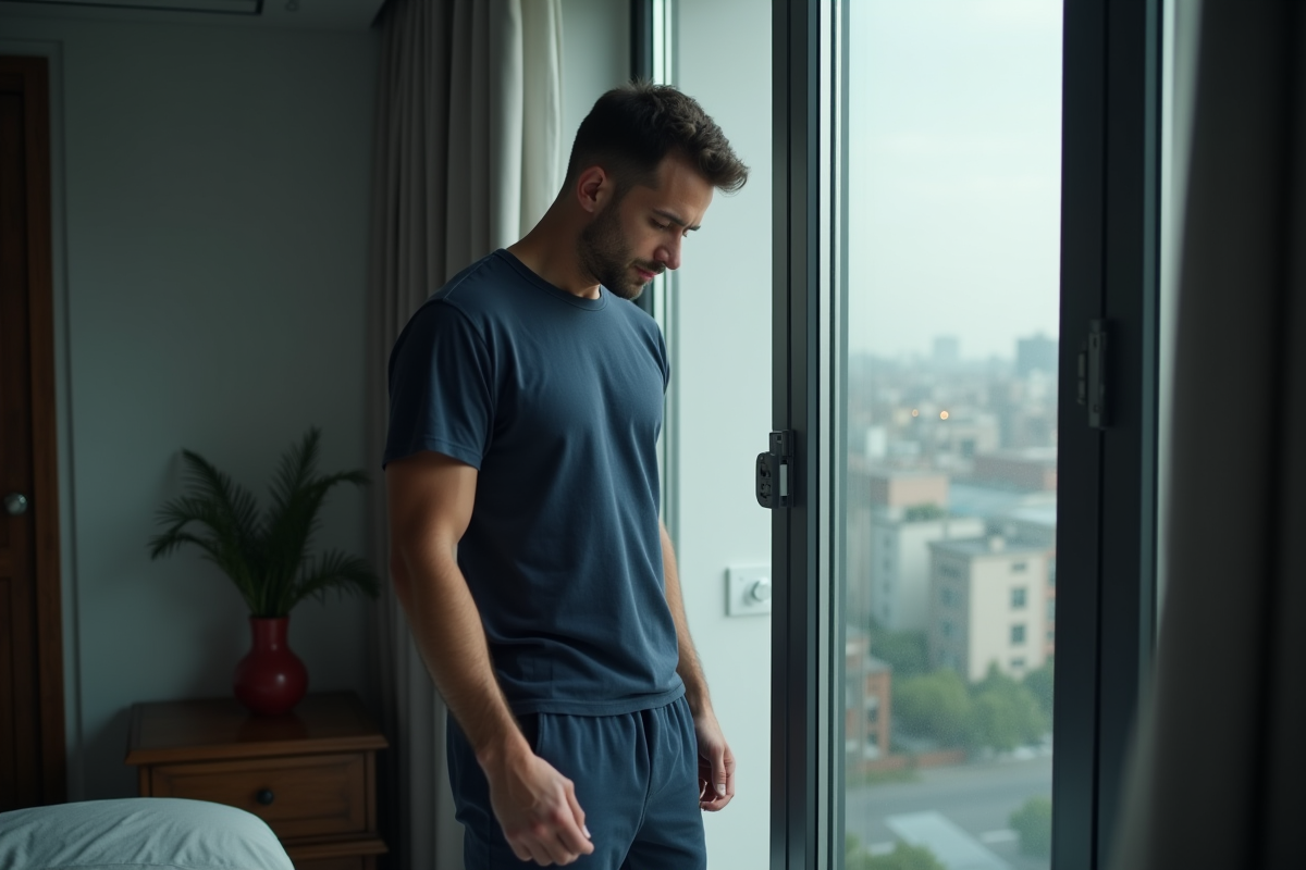 Homme contemplant la ville depuis une fenêtre en matinée