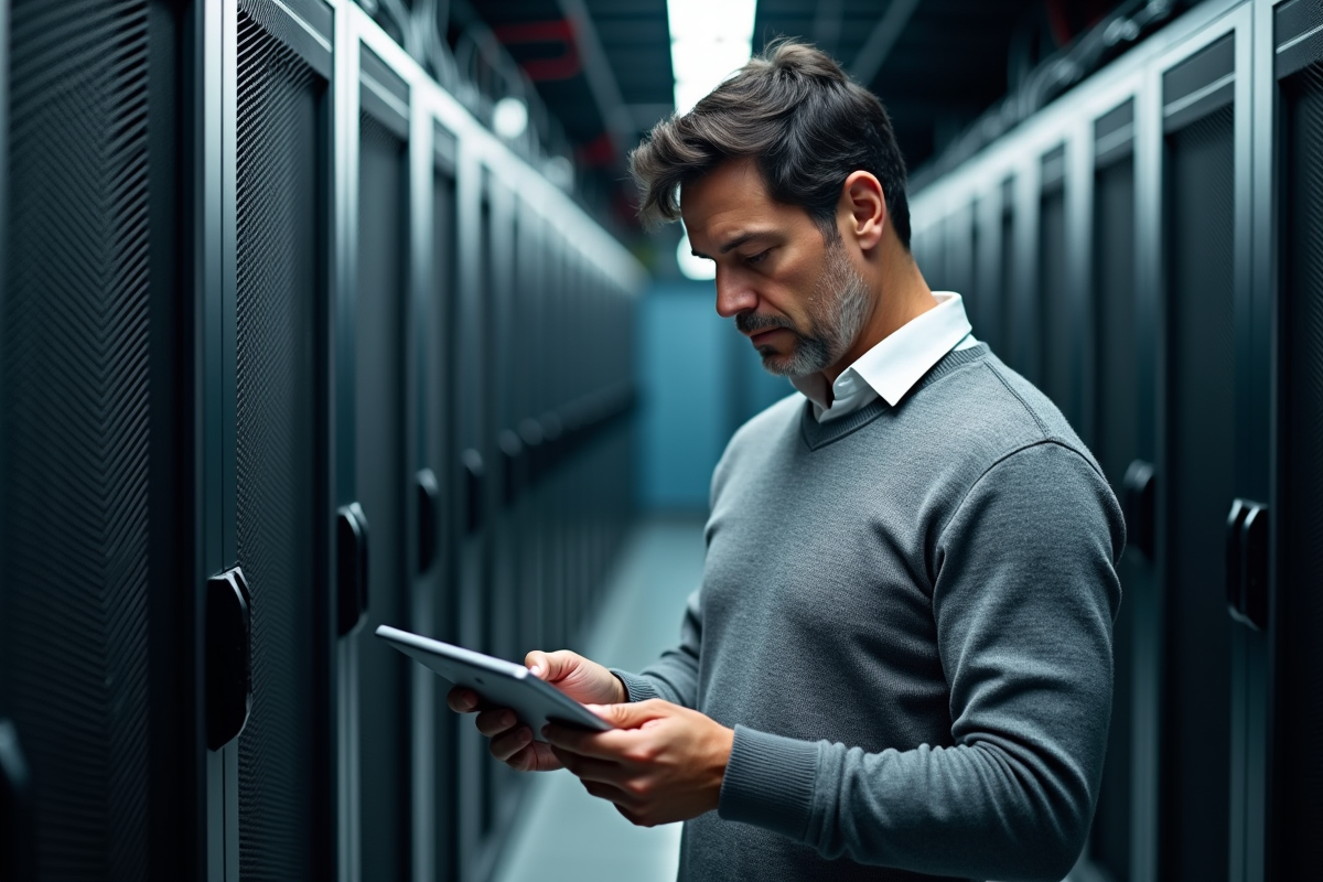 Homme d age dans une salle serveurs avec tablette