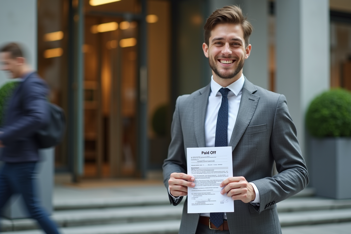 Homme souriant tenant un document de prêt remboursé