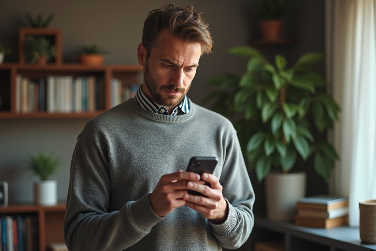 Homme détendu regardant son smartphone avec l app DeepL