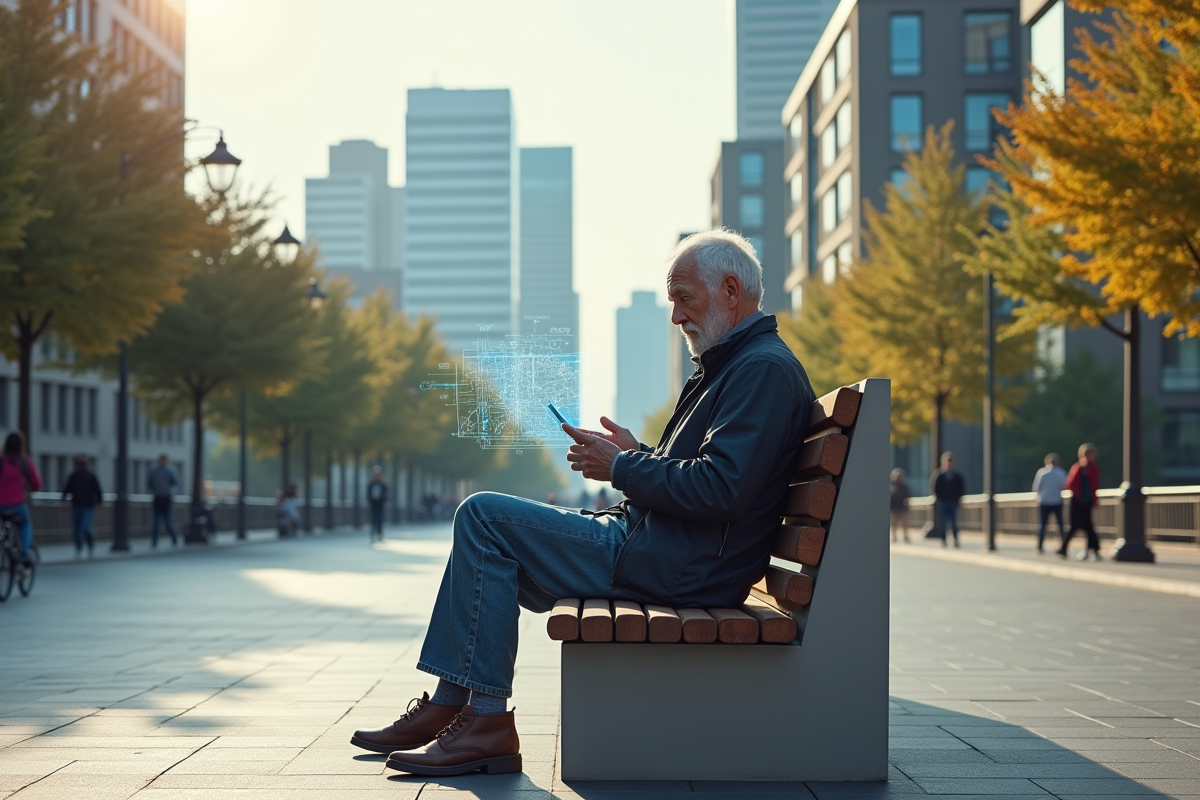 Homme âgé regardant une carte holographique en ville