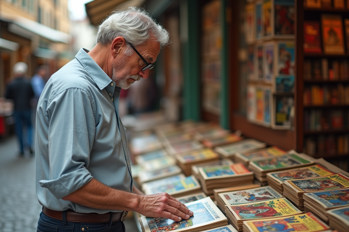 Homme âgé recherchant des comics vintage au marché