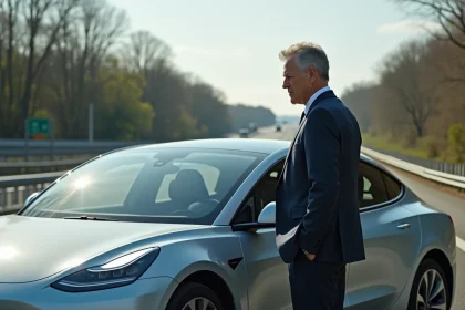 Homme d affaires &agrave; c&ocirc;t&eacute; d une voiture &eacute;lectrique sur l autoroute