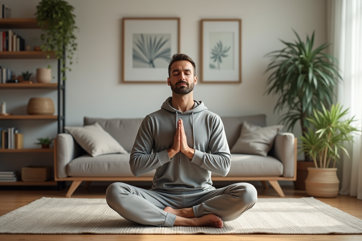 Homme pratiquant le yoga dans un salon lumineux et moderne