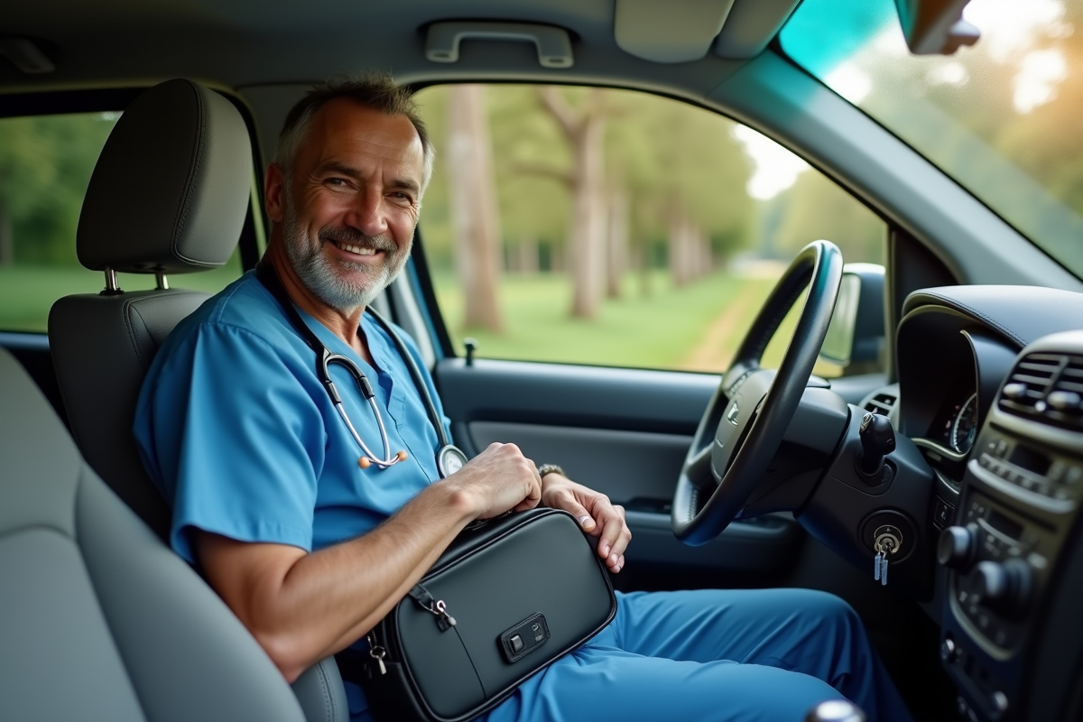 Infirmier plaçant un stéthoscope dans son sac dans une voiture