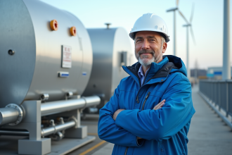 Ingénieur homme debout à côté d'une pile à hydrogène en extérieur
