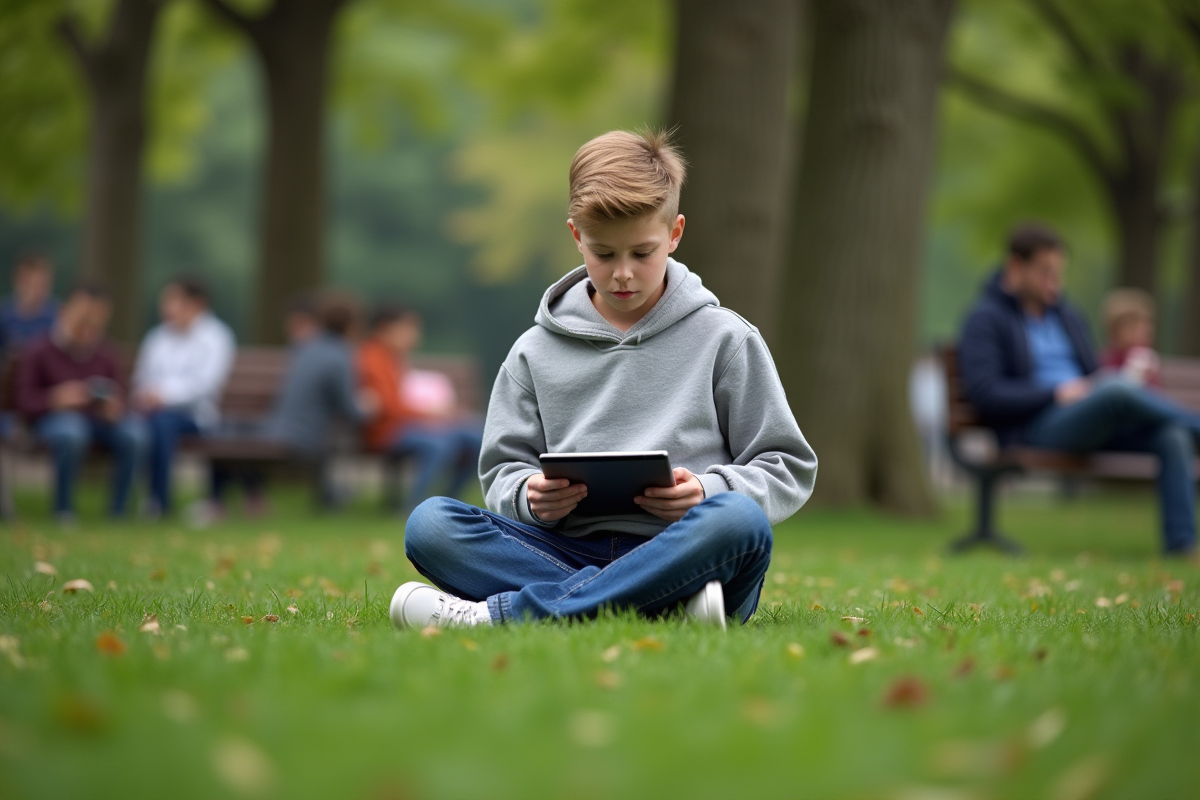 Adolescent dans un parc lisant une tablette en plein air