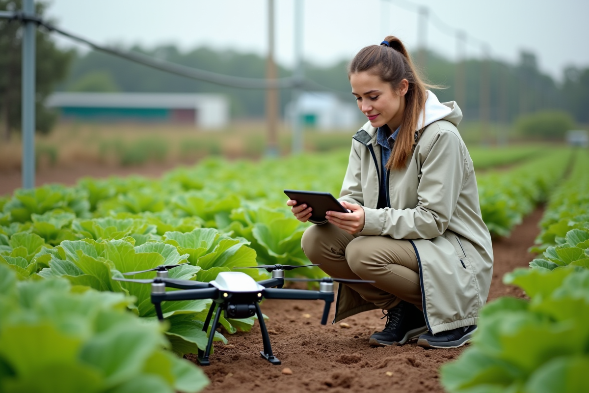 Jeune agronome avec drone dans les rangs de légumes
