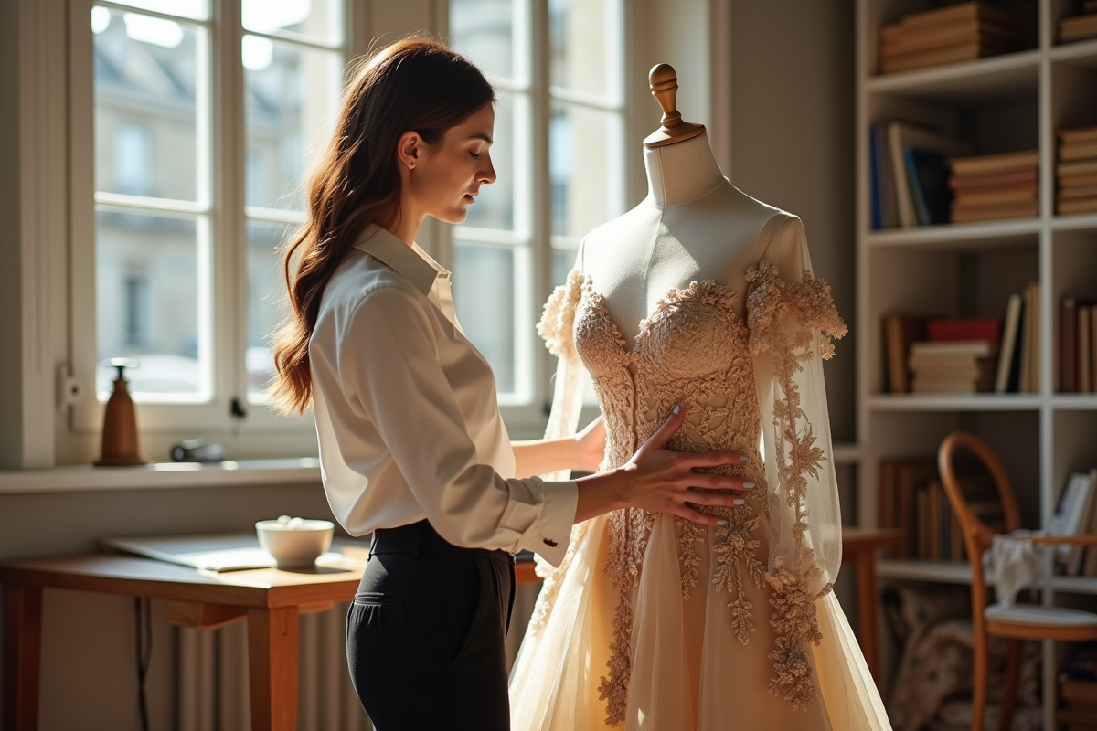 Jeune créatrice de mode ajustant une robe haute couture à Paris