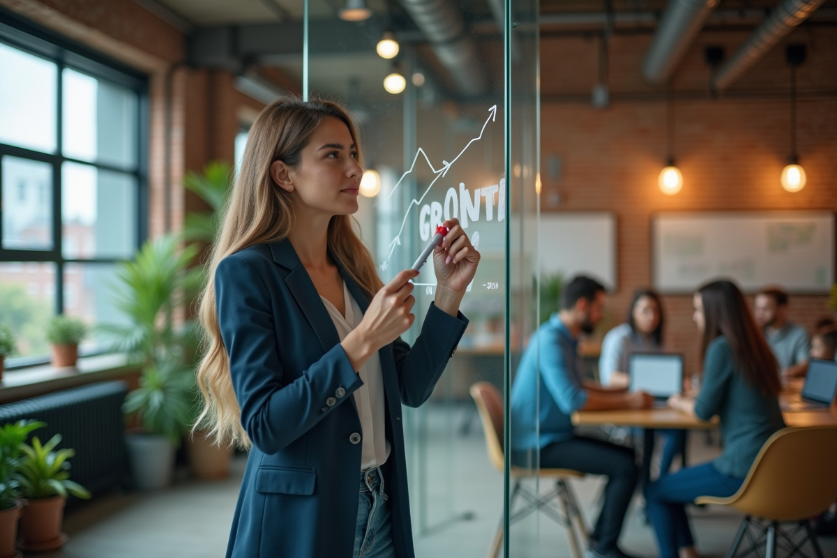 Jeune entrepreneure esquissant croissance sur vitre