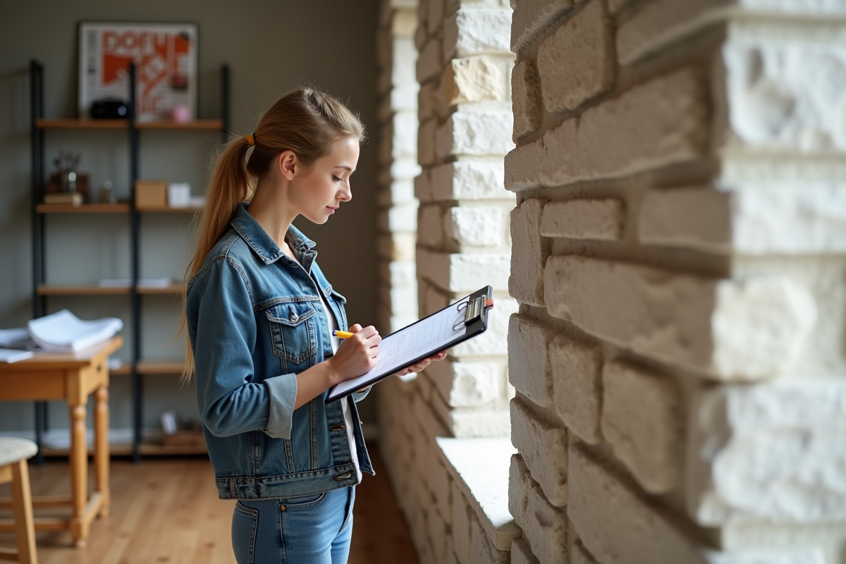 Jeune femme prenant des notes devant un mur en pierre intérieur