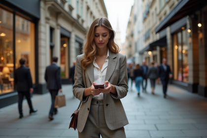 Jeune femme en blazer vintage dans une ville dynamique