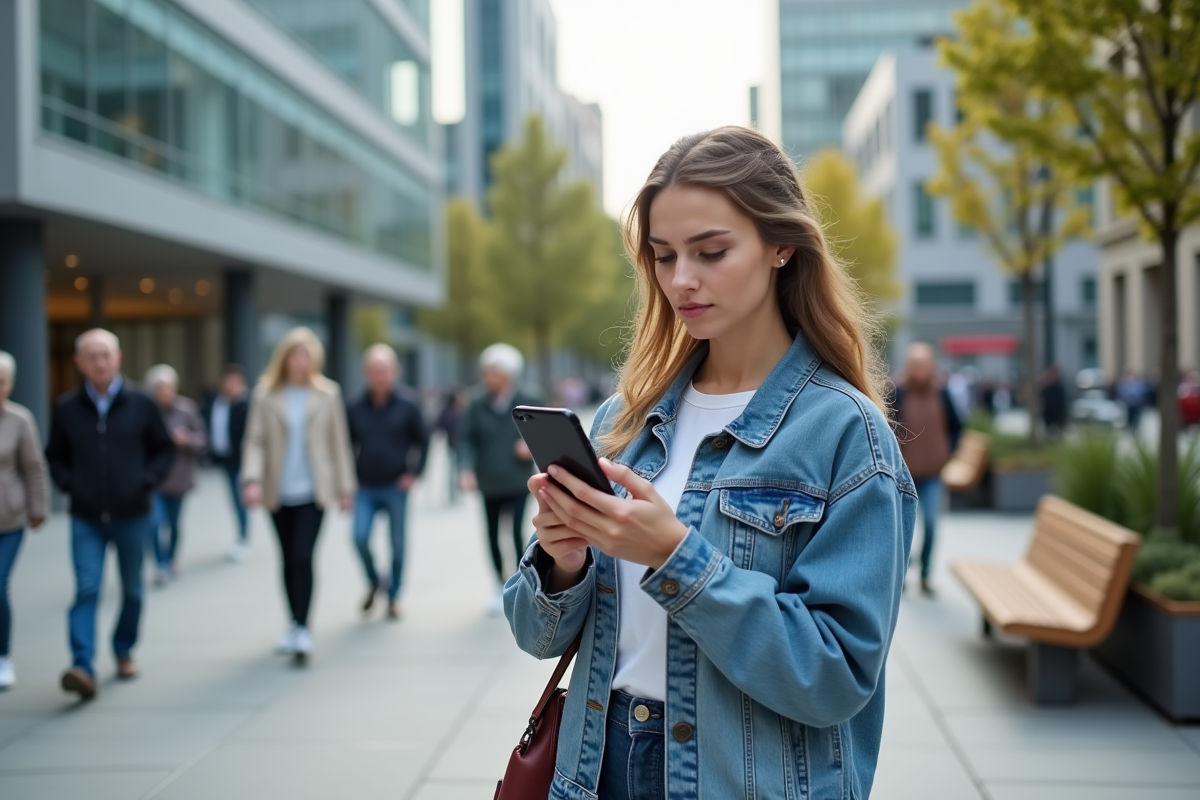 Jeune femme avec smartphone dans une place animée