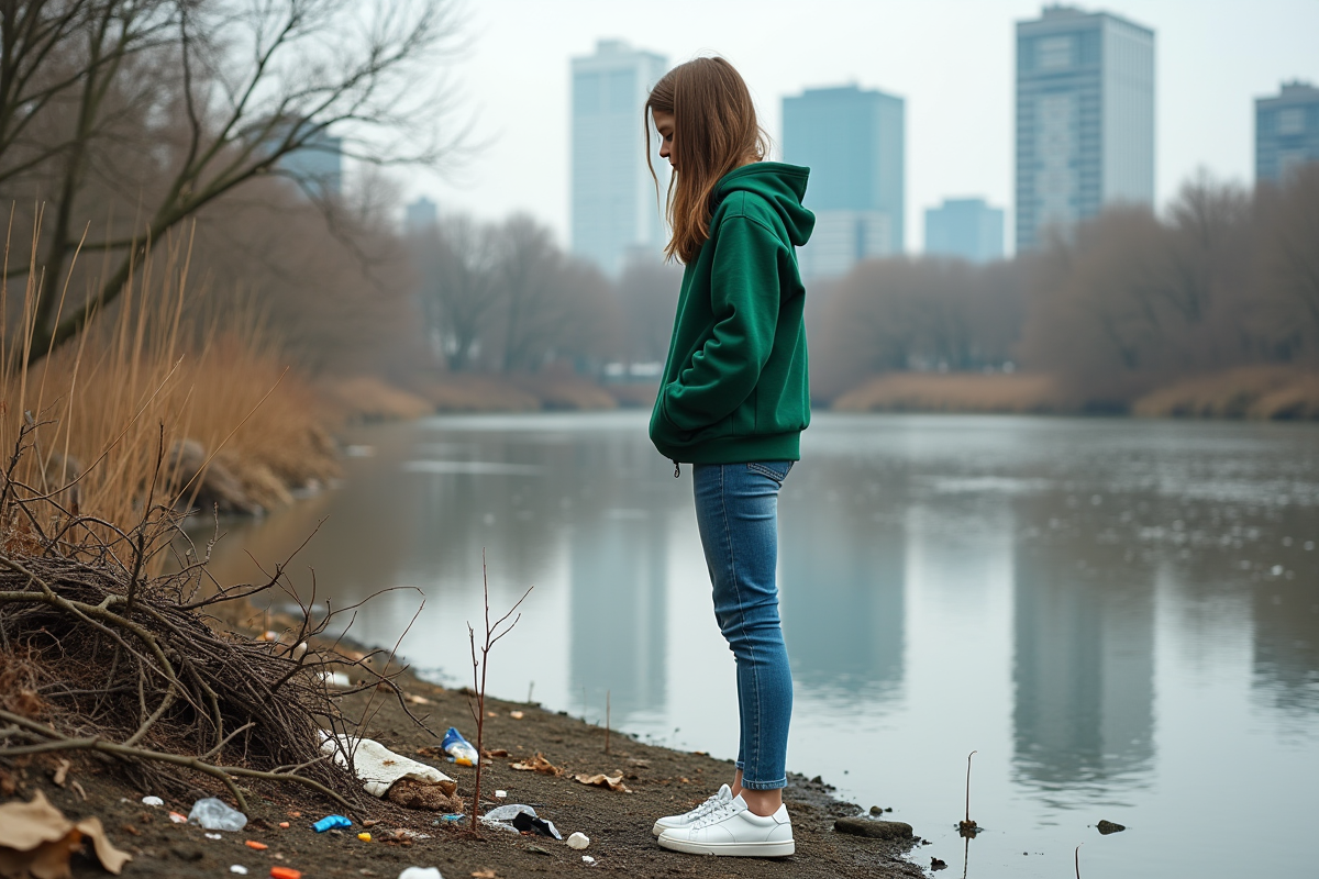Jeune fille observe débris plastique au bord de la rivière