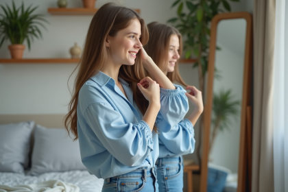Jeune fille souriante se coiffant devant un miroir dans sa chambre