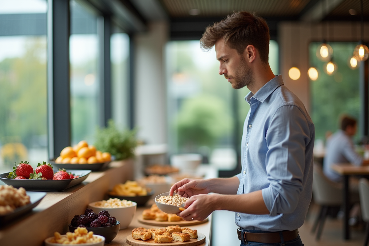Jeune homme choisissant dans un buffet de petit déjeuner
