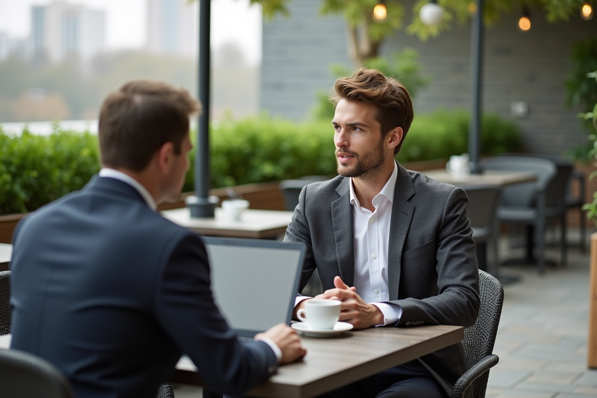 Jeune homme en discussion avec un mentor au café