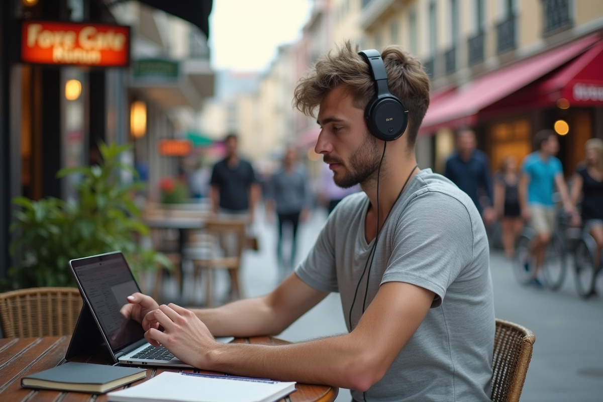 Jeune homme au café utilisant une application de traduction
