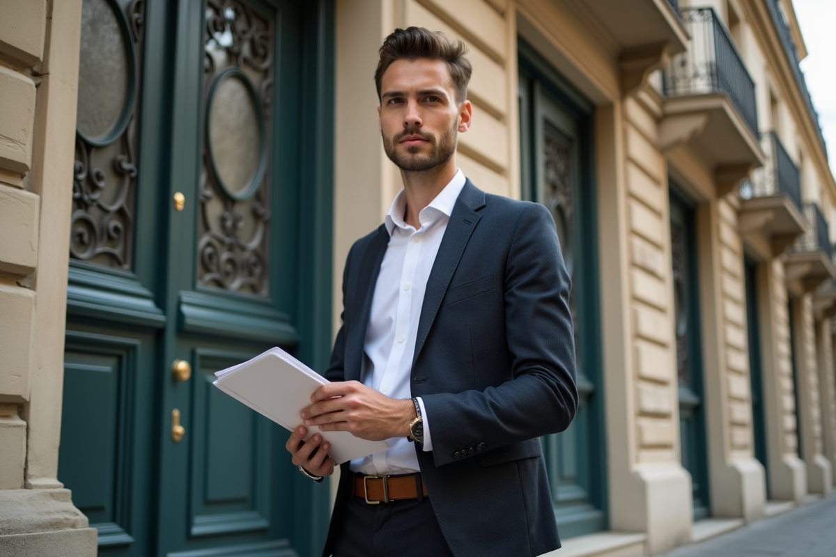 Jeune homme avec documents devant immeuble haussmann