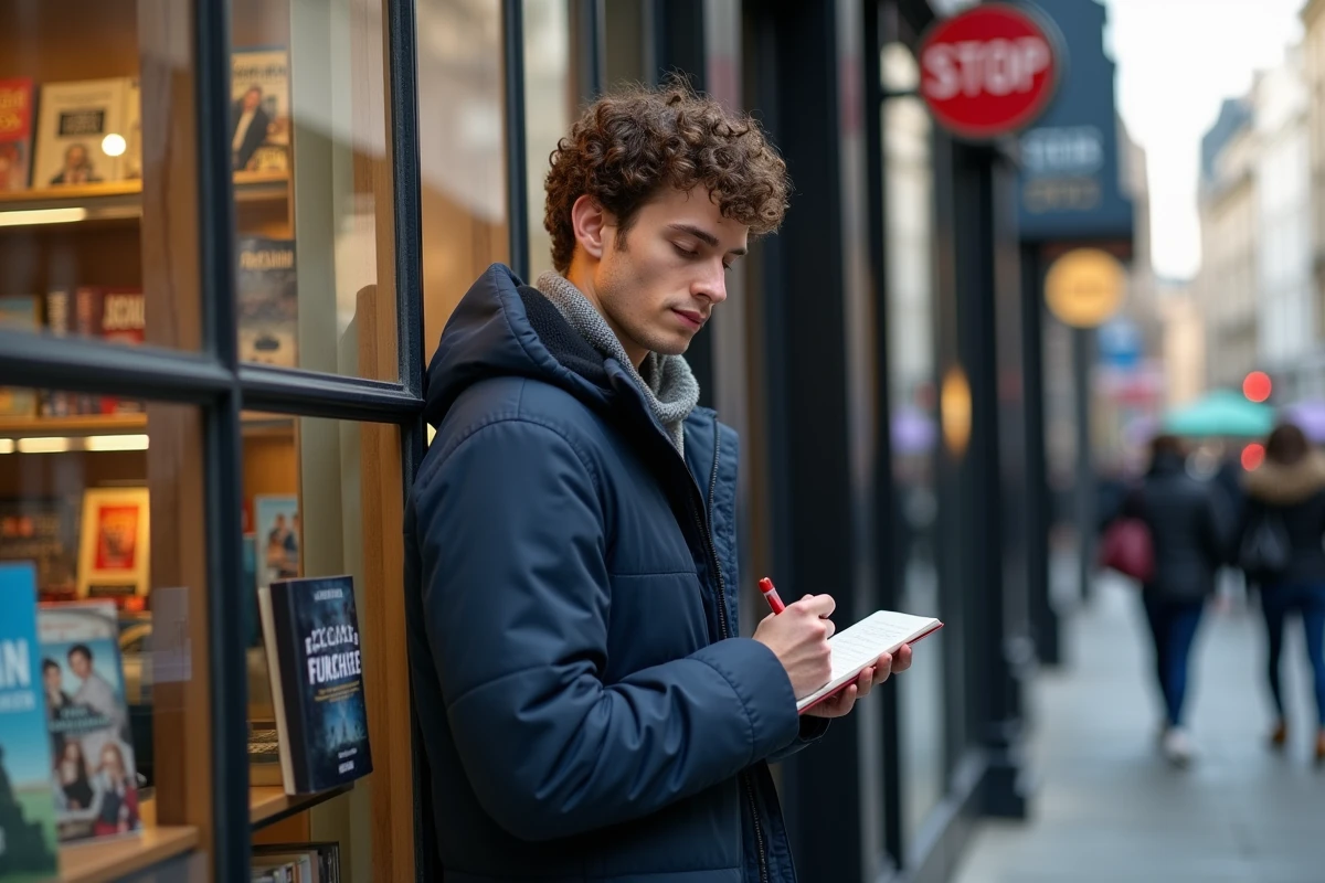 Jeune homme dans une rue animée de Londres avec un livre