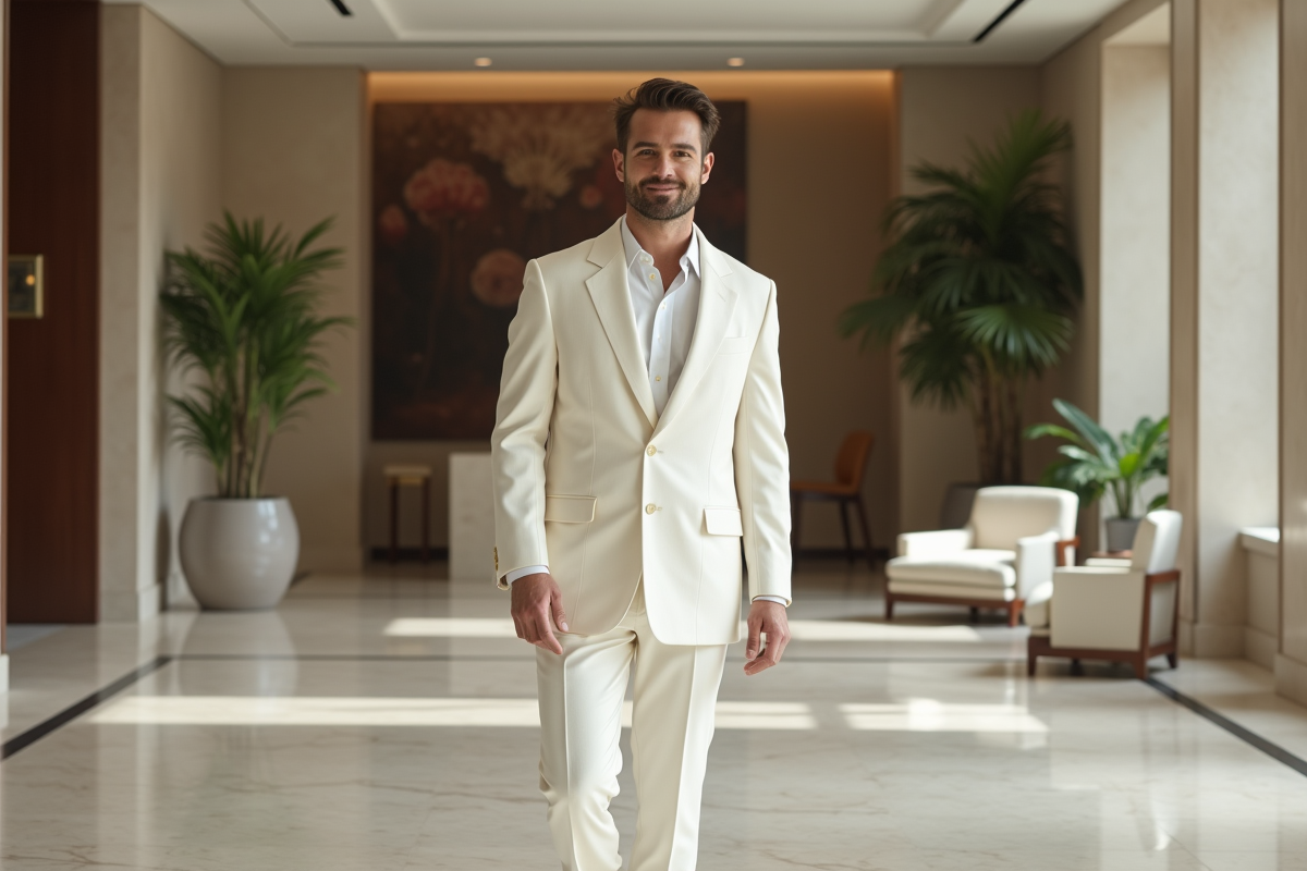 Jeune homme en costume blanc dans un lobby moderne