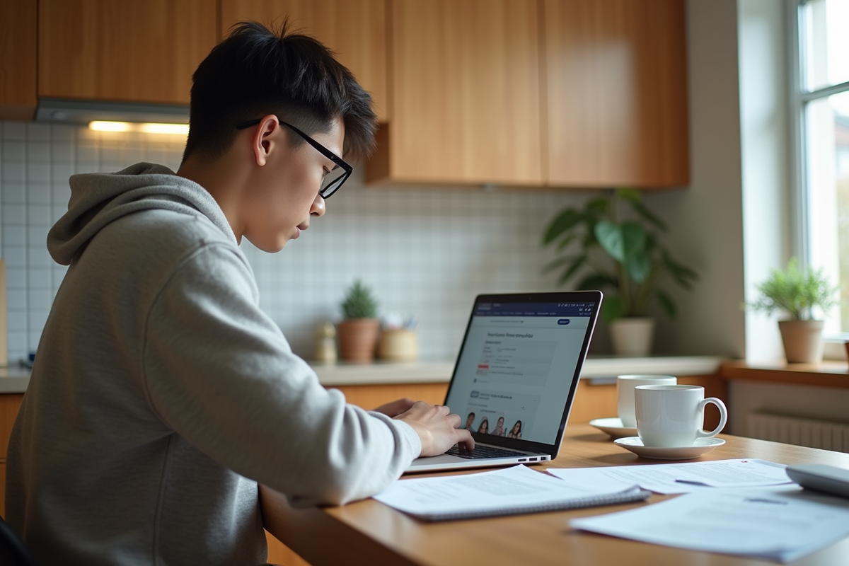Jeune homme remplissant une demande de bourse sur son ordinateur