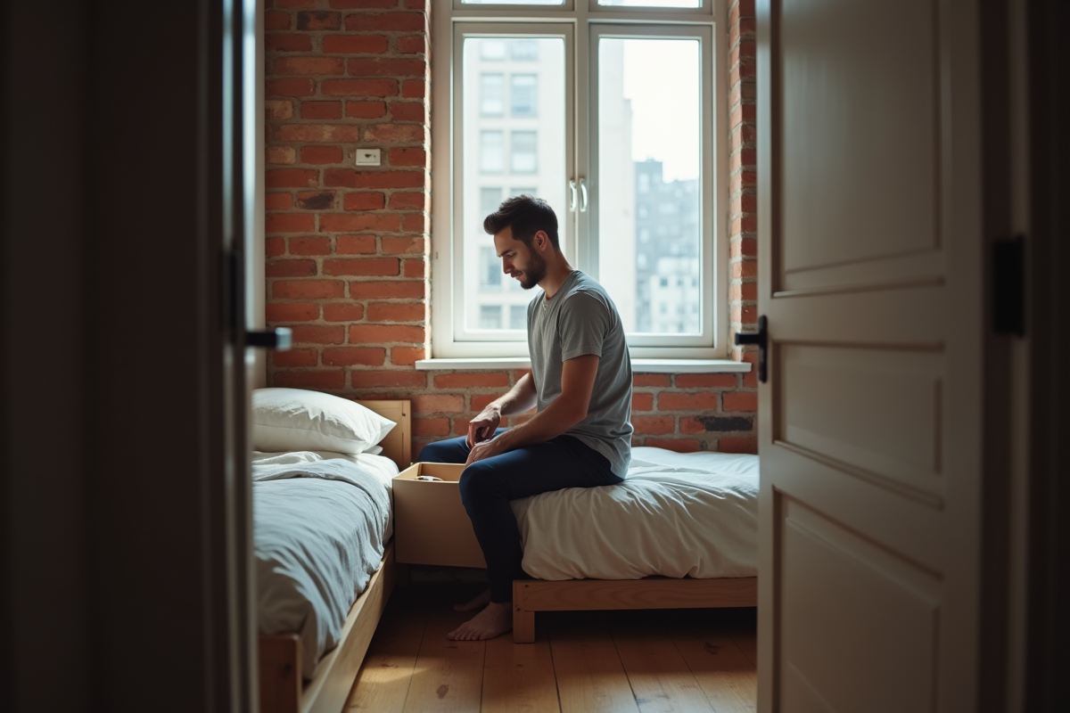 Jeune homme rangeant une boîte sous le lit dans une chambre
