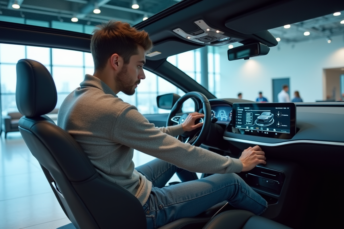 Jeune homme dans un showroom automobile hightech