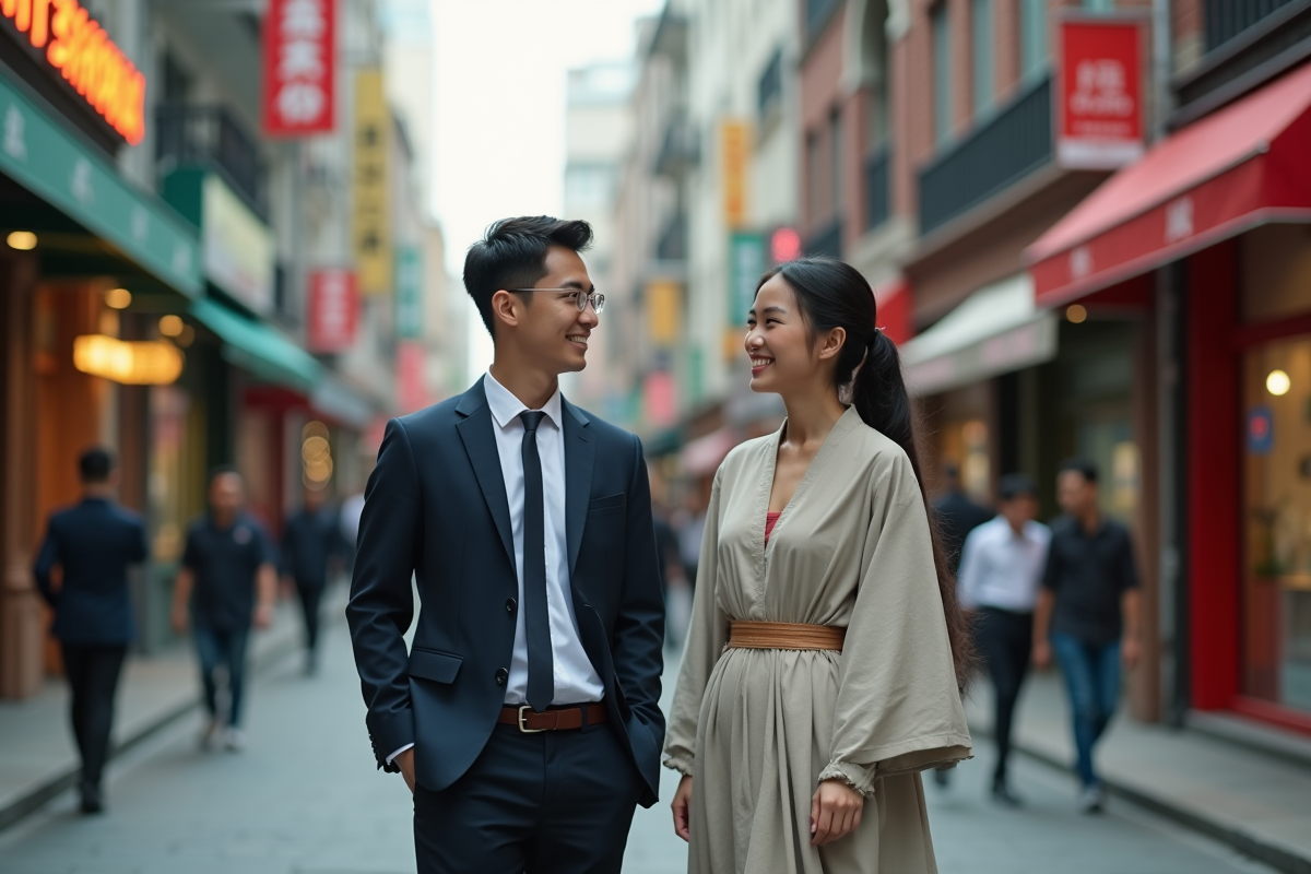 Jeunes adultes en conversation dans une rue urbaine animée