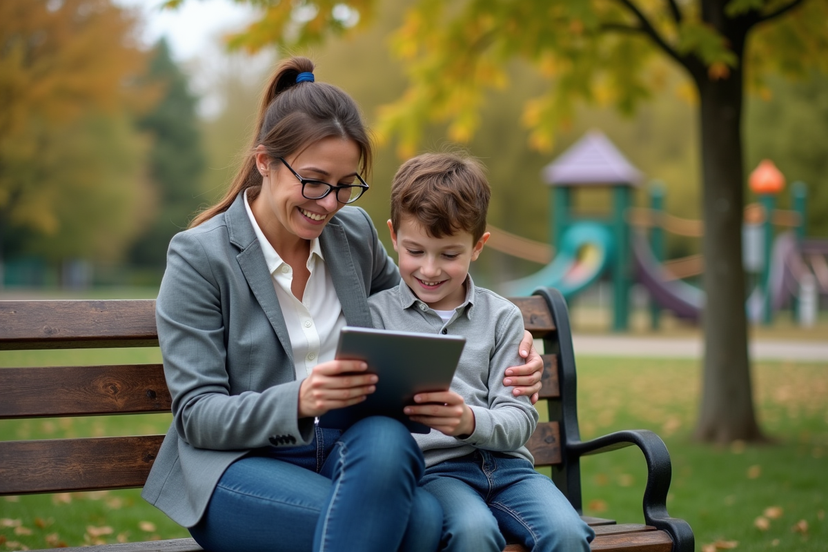 Maman et son fils sur un banc de parc avec document
