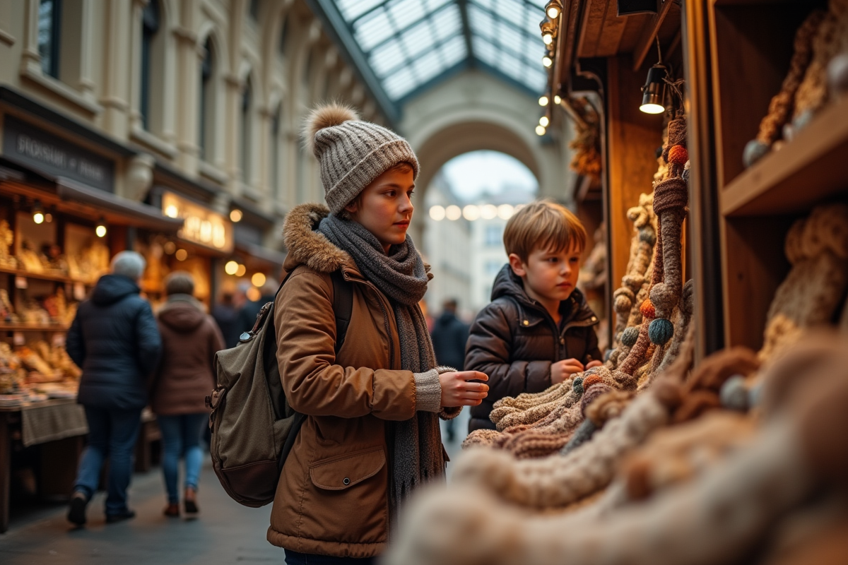 Mère et fils découvrant des objets artisanaux à Paris