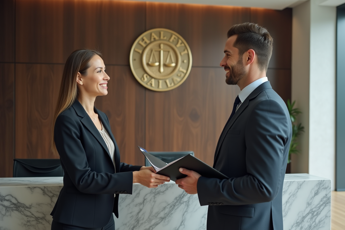 Notaire féminin remettant un dossier à un client dans un hall moderne