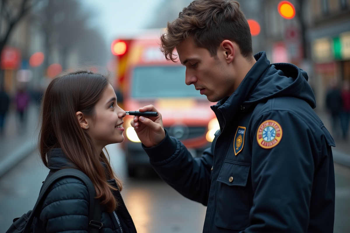 Paramedic en intervention urbaine examinant une adolescente