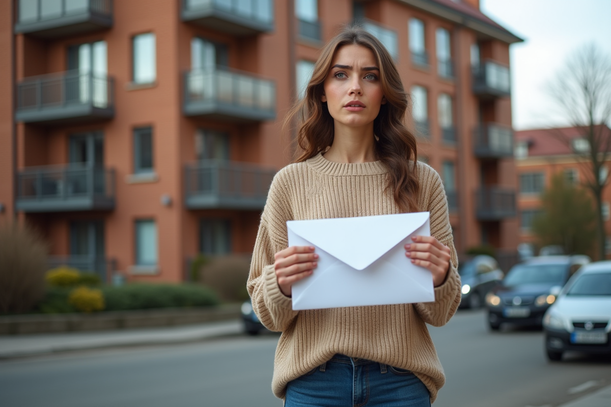Jeune femme propriétaire devant immeuble avec lettre