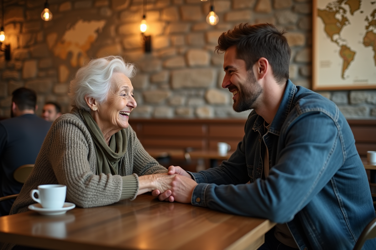 Femme agee et jeune homme se serrant la main en cafe
