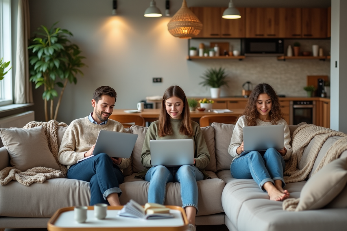 Trois personnes lisant et travaillant sur un canapé dans un salon chaleureux