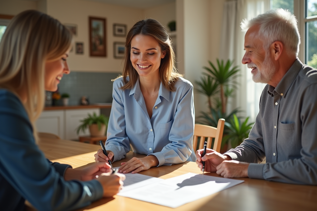 Jeune femme signant des papiers avec un couple dans un intérieur chaleureux