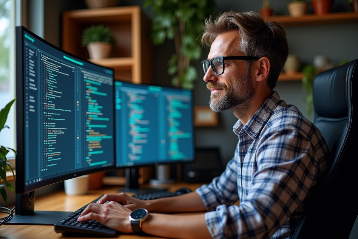 Homme informatique gérant des données sur ses écrans dans un bureau cosy