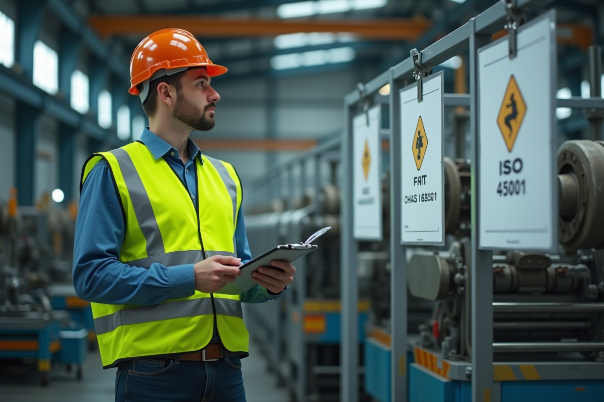 Jeune superviseur contrôlant la ligne de production avec affichages OHSAS